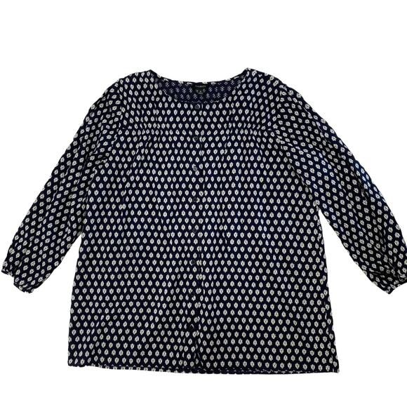 TALBOTS Blue White Geometric Embroidered Woven Cotton Button Up Blouse Medium - Picture 4 of 10